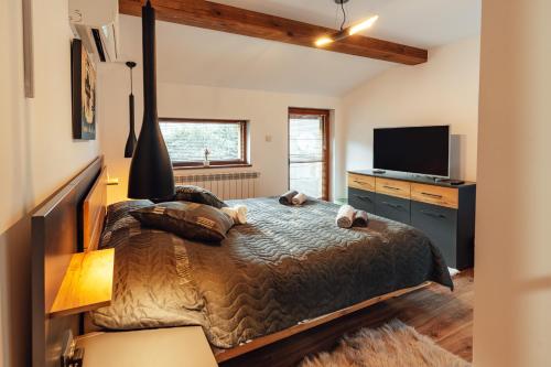 韦林格勒Guest house Anna-Maria的一间卧室配有一张床和一台平面电视