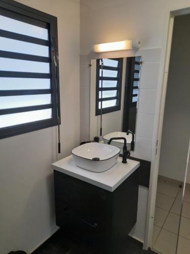 厄唐萨雷Chambre avec salle de bain, WC et terrasse的一间带水槽和镜子的浴室