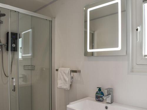 霍利黑德Uk39216 - Swn Y Mor的带淋浴、盥洗盆和镜子的浴室