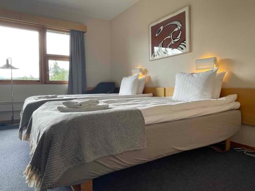 Vålådalen瓦拉达兰斯车站旅馆的酒店客房带一张大床,带白色床单