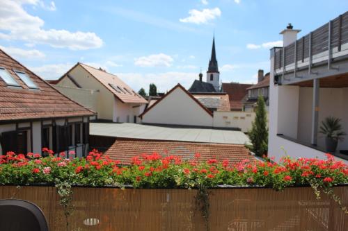 埃尔特维勒Auszeit im Rheingau的享有一个围栏中红色鲜花盛开的小镇的景色