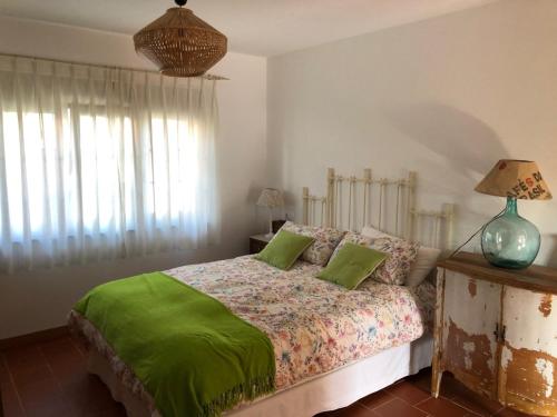 纳维亚Apartamentos Montemar的一间卧室配有一张带两个绿色枕头的床