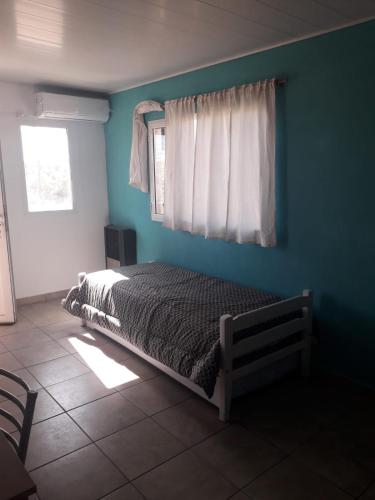 别德马Alquilerpordiaviedma的一间卧室配有一张蓝色墙壁和窗户的床