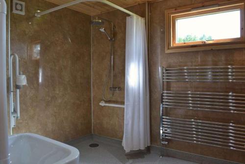 珀斯Fern Lodge - Luxury Lodge with steamroom in Perthshire的带淋浴、浴缸和盥洗盆的浴室