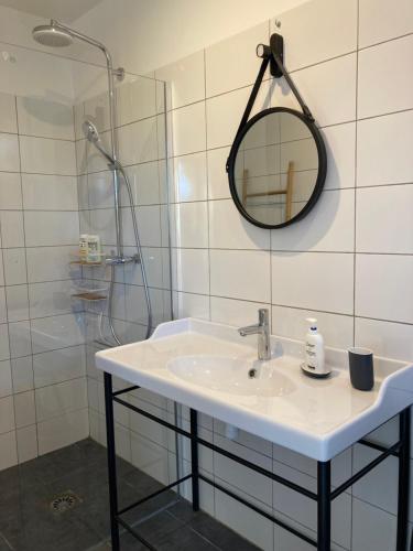 圣马克西姆Chambres d'hôtes VUE MER Mer à 2 min à pied的一间带水槽、镜子和淋浴的浴室
