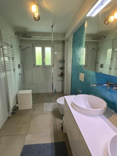 阿斯科纳Casa Segnale的浴室配有2个盥洗盆、卫生间和淋浴。