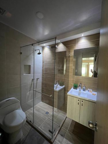 卡利LD House Flora的带淋浴、卫生间和盥洗盆的浴室