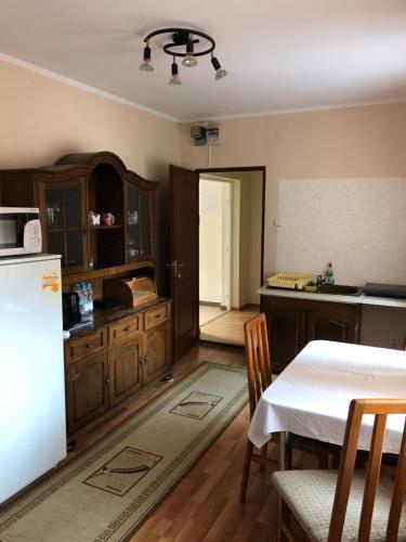 索瓦塔Pensiunea Diskret的厨房配有白色的桌子和冰箱。