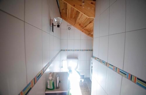 希马拉Rustic Holiday Villa Upper Qeparo的一间铺有白色瓷砖的客房内浴室,内配卫生间