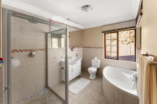 海姆维尔Drakensberg Luxury Accommodation - Misty Ridge的带浴缸、卫生间和盥洗盆的浴室