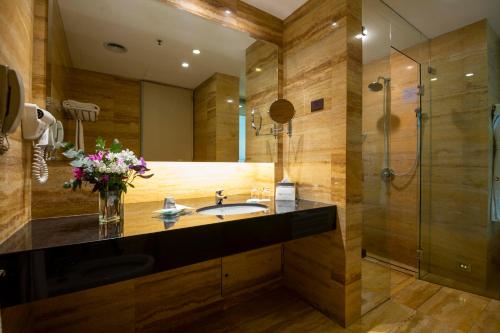 布宜诺斯艾利斯布宜诺斯艾利斯欧洲建筑精品酒店的一间带水槽和淋浴的浴室
