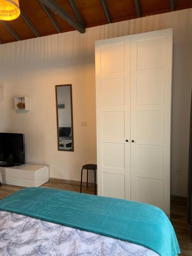 马佐Apartamento MAYATA DELUXE的一间卧室配有一张床、一个衣柜和镜子