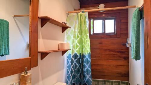 BalgueWood Cabin - Cabana Maderas的带淋浴帘和窗户的浴室
