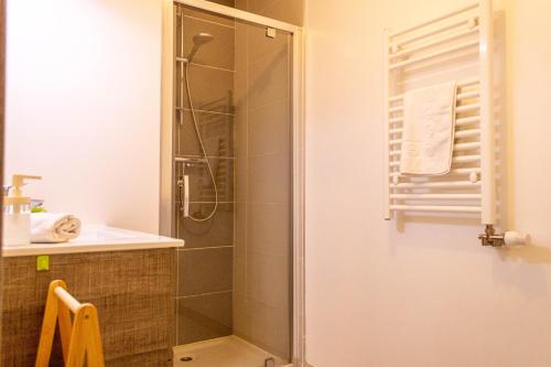 安锡LE TRESUM - Garage, Balcon & Vue lac!的带淋浴和盥洗盆的浴室