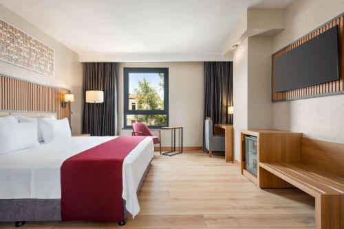 奥尔杜Ramada Plaza by Wyndham Ordu的配有一张床和一台平面电视的酒店客房