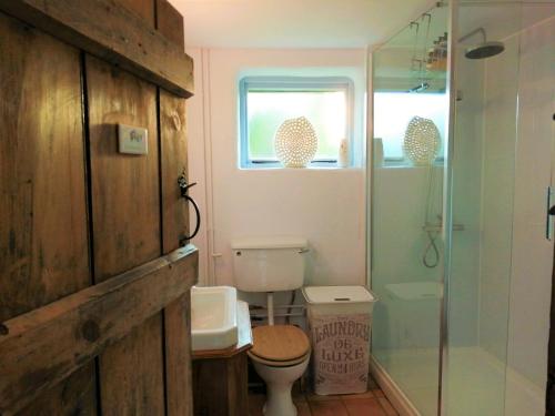 HaughleyWassicks Cottage, Haughley的一间带卫生间和玻璃淋浴间的浴室
