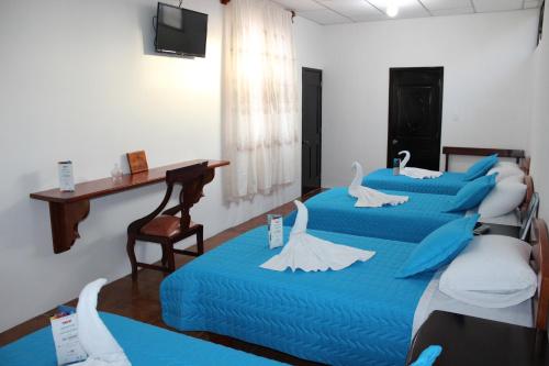 阿约拉港米拉达索力塔乔治旅舍的一间设有三张床的房间,上面有天鹅