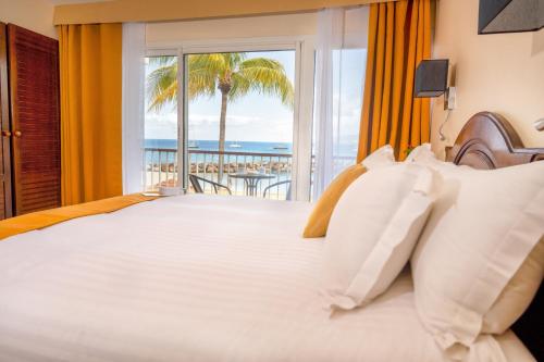 莱特鲁瓦西莱马提尼克白库酒店的一间卧室设有一张床,享有海景