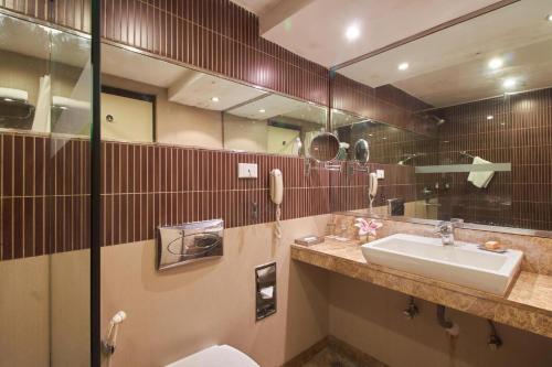 加尔各答Fortune Park Panchwati, Kolkata - Member ITC's Hotel Group的一间带水槽、卫生间和镜子的浴室
