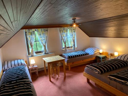 伊泽拉河畔亚布洛内茨Chalupa Sport Buřany的客房设有两张床、一张桌子和窗户。