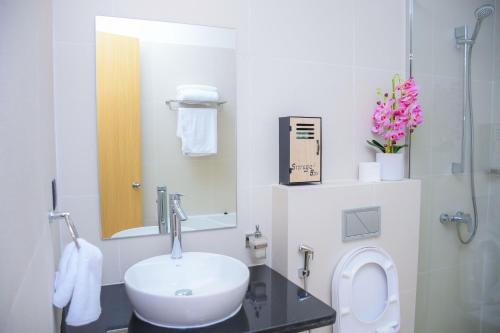 金沙萨AQUA INN Hotel的一间带水槽、卫生间和镜子的浴室