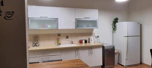 特拉维夫funattlv的厨房配有白色橱柜和白色冰箱。
