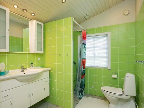 布罗Holiday home Brenderup Fyn IX的绿色浴室设有卫生间和水槽
