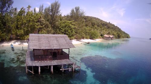 FamMeos Ambower Homestay Raja Ampat的水中有一个房子的岛屿