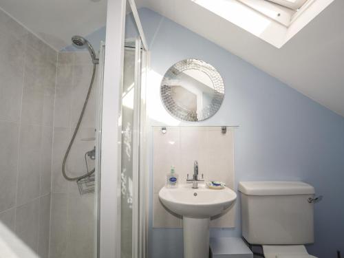 伊费林赫利Machlud Ynys的一间带水槽、卫生间和镜子的浴室