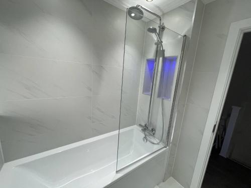 伦敦London West Ham Apartments的浴室里设有玻璃门淋浴