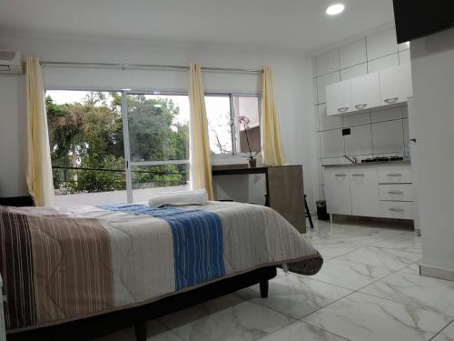 伊瓜苏港Tres Fronteras Apart 1的一间卧室设有一张床和一个大窗户