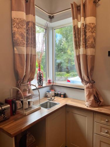 BalrathStone Lodge B&B的厨房设有水槽和窗户。