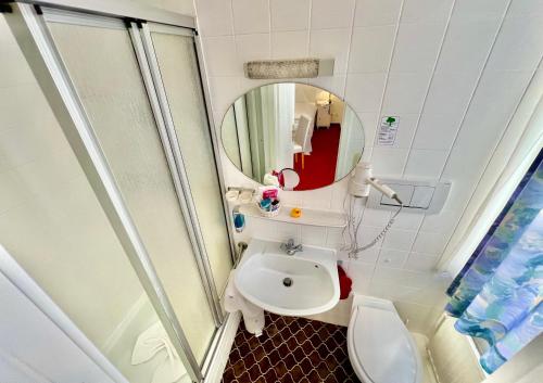 汉诺威阿尔法酒店的一间带卫生间和镜子的小浴室