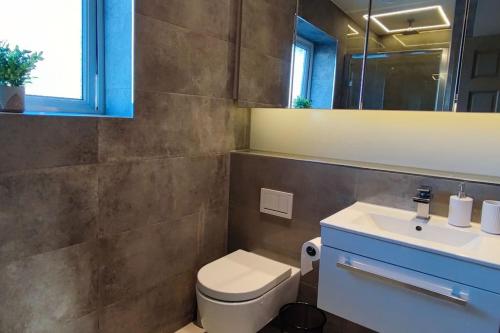 博勒姆伍德Comfortable 1 Bed flat with Air Con的一间带卫生间、水槽和镜子的浴室