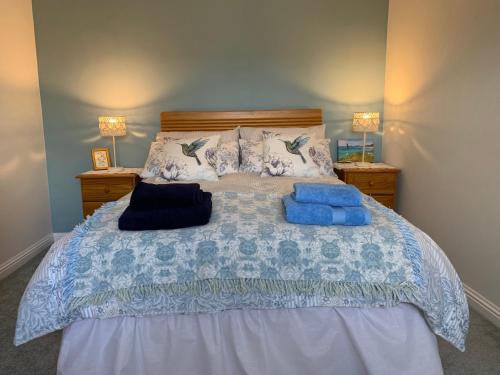 斯托诺韦Sighthill Cottage, North Tolsta的一间卧室配有一张带蓝色枕头的大床