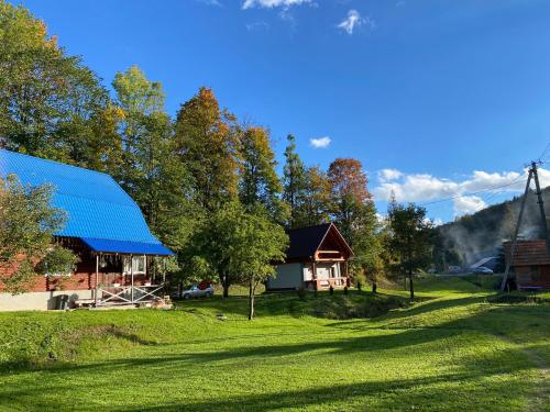 Verkhne-StudënyySadyba na Luzi的草场上蓝色屋顶的房子