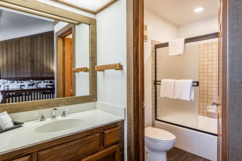 马姆莫斯湖Mountainback 19的一间带水槽、卫生间和镜子的浴室