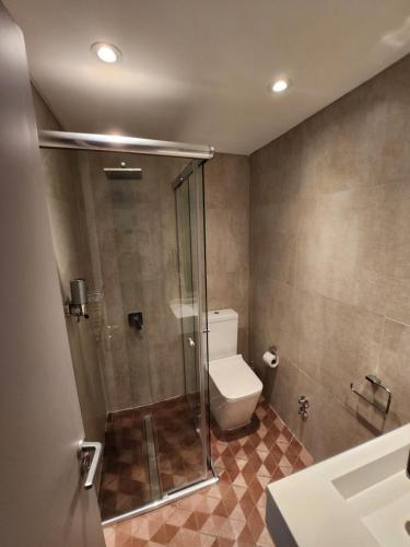 布宜诺斯艾利斯Clayton Buenos Aires的一间带卫生间和玻璃淋浴间的浴室