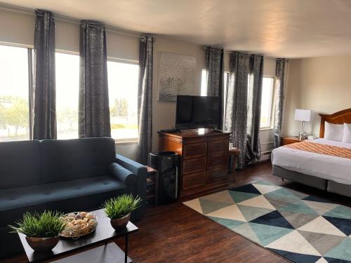 安克雷奇安克雷奇市区华美达酒店的一间卧室配有一张床、一张沙发和一台电视。