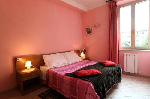 卢卡德拉罗萨阿菲卡梅瑞酒店的卧室拥有粉红色的墙壁,配有一张带红色枕头的床