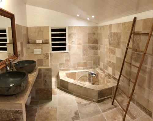 珀蒂蒂勒Villa spa Grand Anse的带浴缸和盥洗盆的浴室