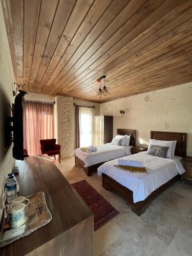 乌奇希萨尔UCHI Cappadocia的一间卧室配有两张床和一台平面电视
