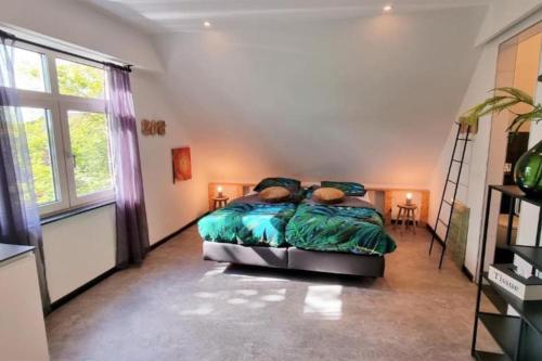 韦斯特卡佩勒Bazien Luxe kamer bij Strand en Kreek natuur en veel faciliteiten的一间卧室设有一张床和梯子