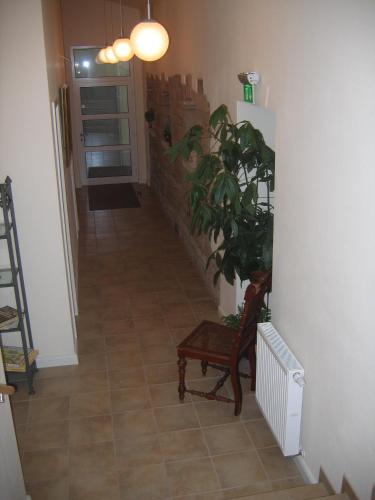 ForstGästehaus Oswald的走廊上,房间里摆放着椅子和植物