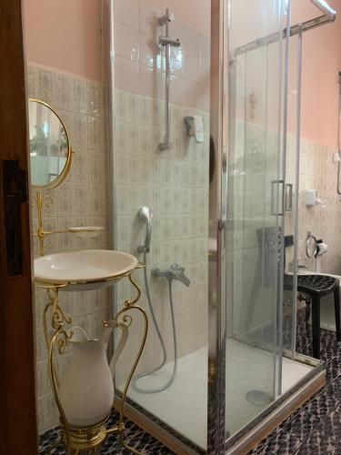 苏比亚诺切诺酒店的带淋浴、水槽和玻璃淋浴间的浴室