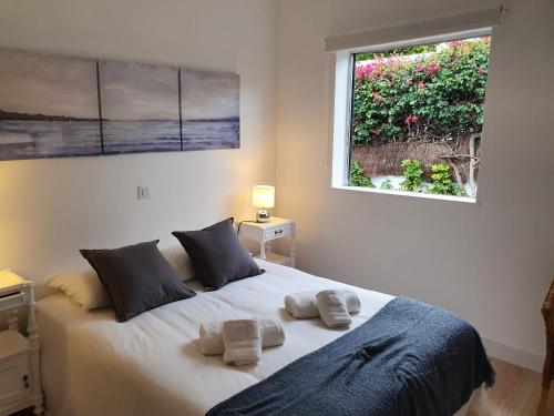 拉克鲁斯Cozy and intimate bungalow in Puerto de la Cruz的一间卧室配有一张床,上面有两条毛巾