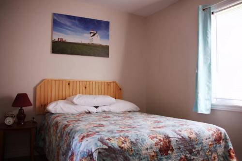 北拉斯蒂科Rustico Acres Cottages的卧室配有一张床铺,墙上挂着鸟图