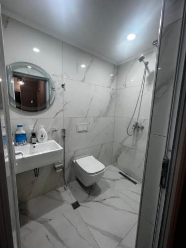 地拉那090 Center Apartment的一间带卫生间、水槽和镜子的浴室