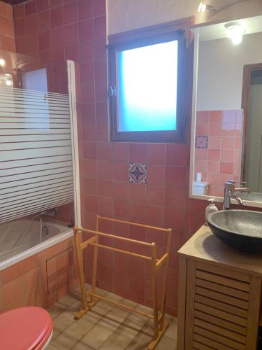 菲加里Gîte à Poggiale de Figari的一间带水槽和浴缸的浴室以及窗户。