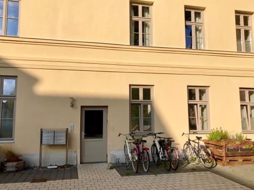 格赖夫斯瓦尔德Apartment Schloss Benrath的停在大楼外的一群自行车